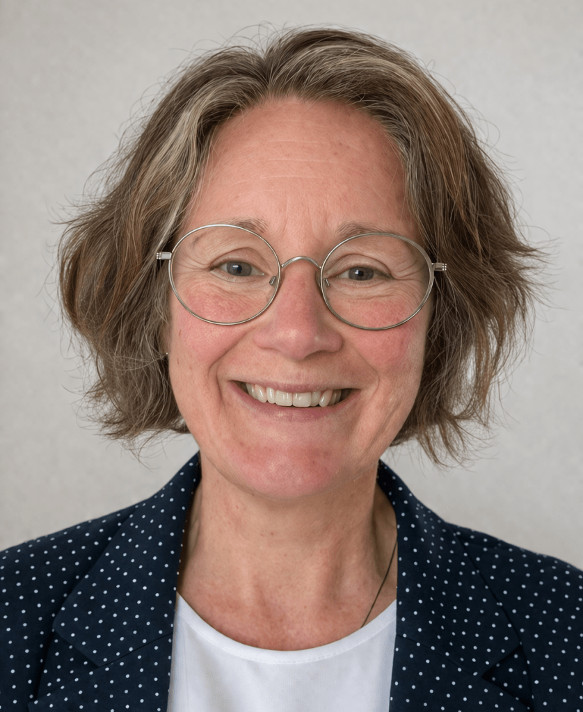 Smiling woman with short, wavy hair wearing round glasses and a navy polka-dot blazer, set against a neutral background.